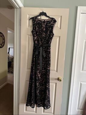 Adrianna Papell Black Lace Maxi Dress with Nude Lining